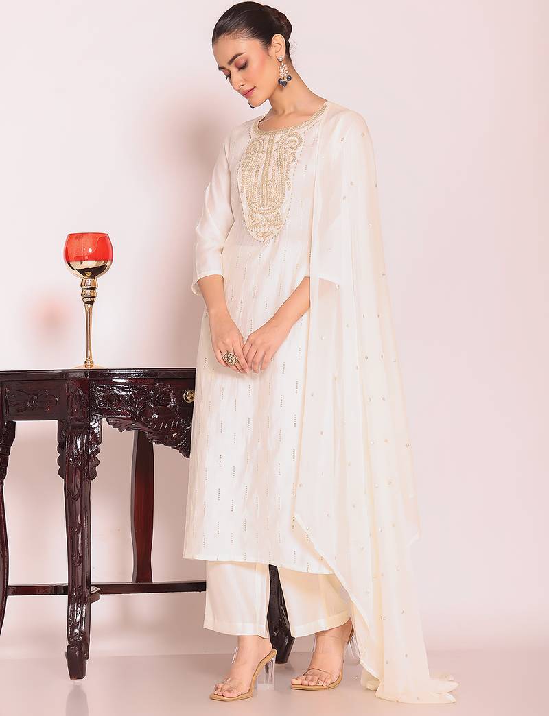 Off white color beautful poly silk fabric stylish partywear attire for girls