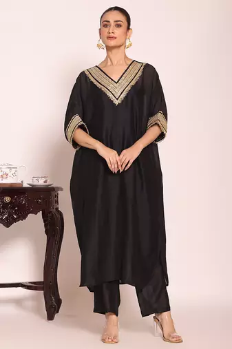 Black color beautful poly silk fabric stylish partywear attire for girls