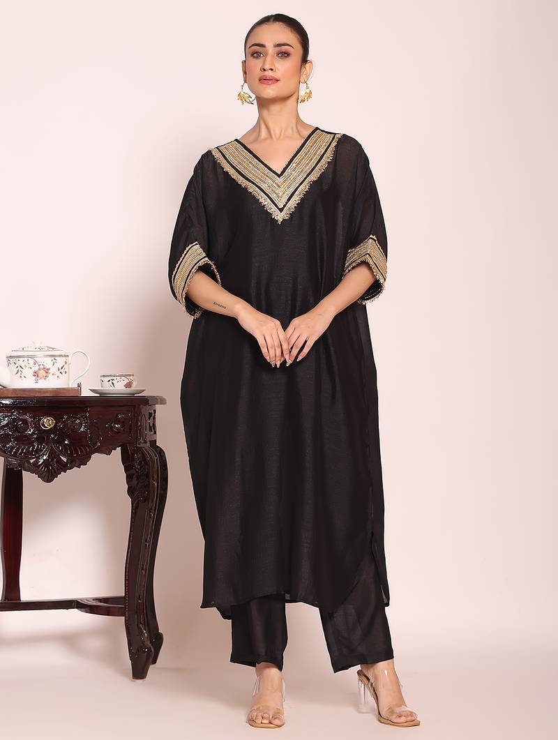 Black color beautful poly silk fabric stylish partywear attire for girls