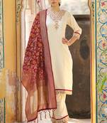 Cream color silk blend fabric beautiful embroidered kurta set with dupatta