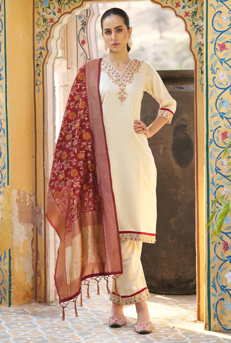 Cream color silk blend fabric beautiful embroidered kurta set with dupatta