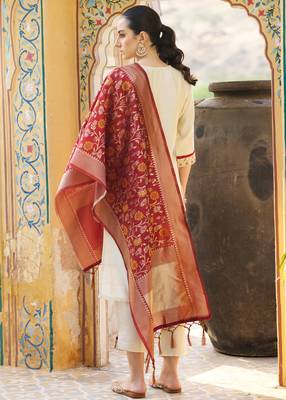 Cream color silk blend beautiful embroidered kurta set with dupatta 2