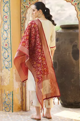 Cream color silk blend beautiful embroidered kurta set with dupatta