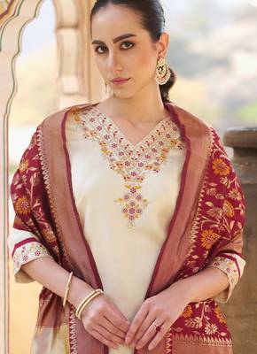 Cream color silk blend beautiful embroidered kurta set with dupatta 3