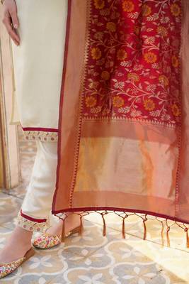 Cream color silk blend beautiful embroidered kurta set with dupatta 4