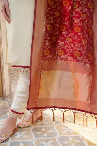 Cream color silk blend beautiful embroidered kurta set with dupatta