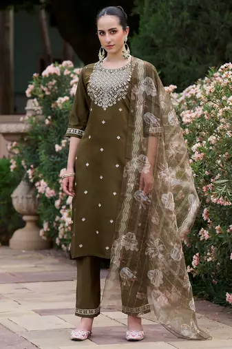 Mahendi color viscose rayon fabric beautiful embroidered kurta set with dupatta