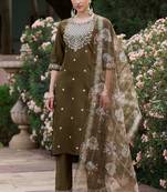 Mahendi color viscose rayon fabric beautiful embroidered kurta set with dupatta