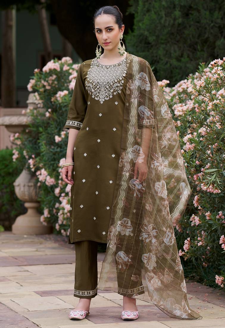 Mahendi color viscose rayon fabric beautiful embroidered kurta set with dupatta