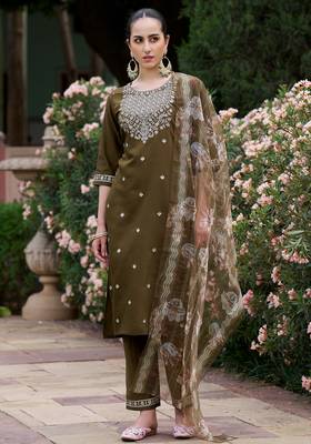 Mahendi color viscose rayon beautiful embroidered kurta set with dupatta 3