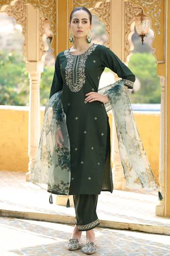 Green color viscose rayon fabric beautiful embroidered kurta set with dupatta