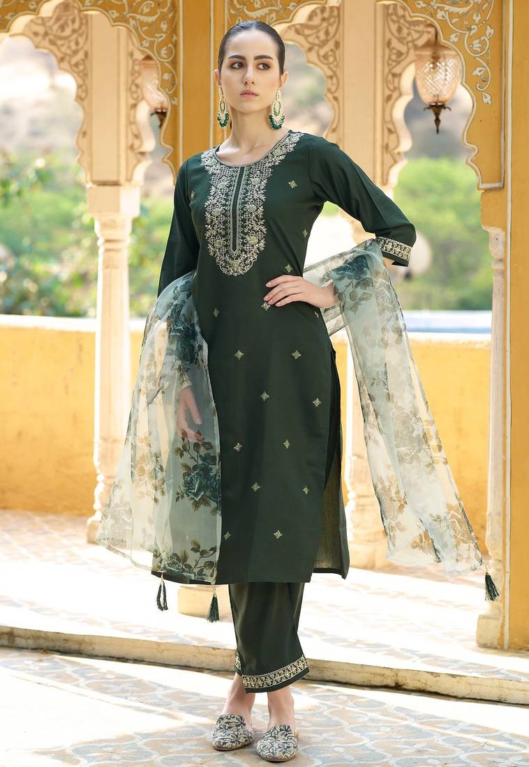 Green color viscose rayon fabric beautiful embroidered kurta set with dupatta