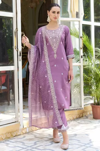 Lavender color silk blend fabric beautiful embroidered kurta set with dupatta