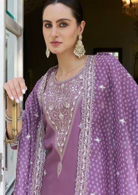 Lavender color silk blend beautiful embroidered kurta set with dupatta 3