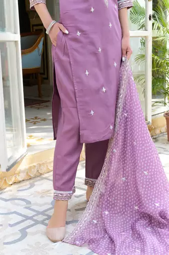 Lavender color silk blend beautiful embroidered kurta set with dupatta