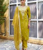 Mustard color silk blend fabric beautiful embroidered kurta set with dupatta