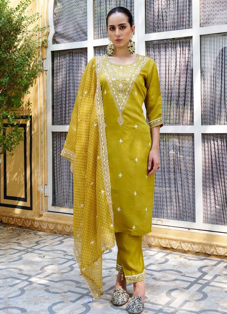 Mustard color silk blend fabric beautiful embroidered kurta set with dupatta