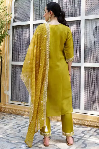 Mustard color silk blend beautiful embroidered kurta set with dupatta