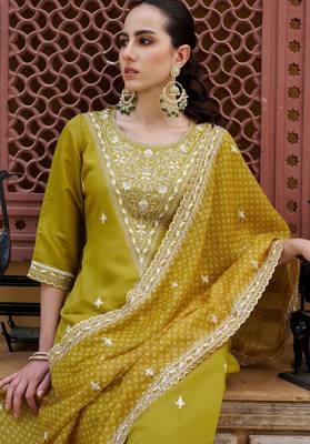Mustard color silk blend beautiful embroidered kurta set with dupatta 3