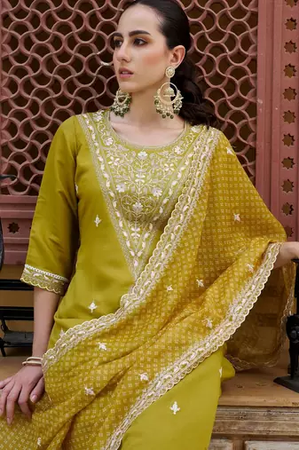 Mustard color silk blend beautiful embroidered kurta set with dupatta