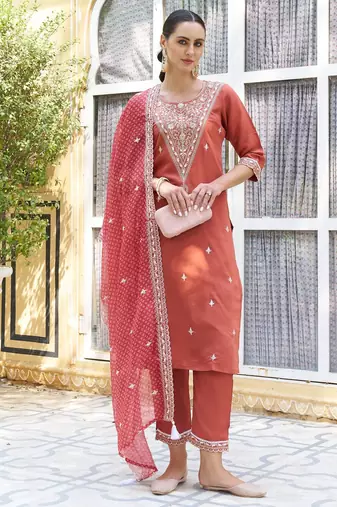 Peach color silk blend fabric beautiful embroidered kurta set with dupatta