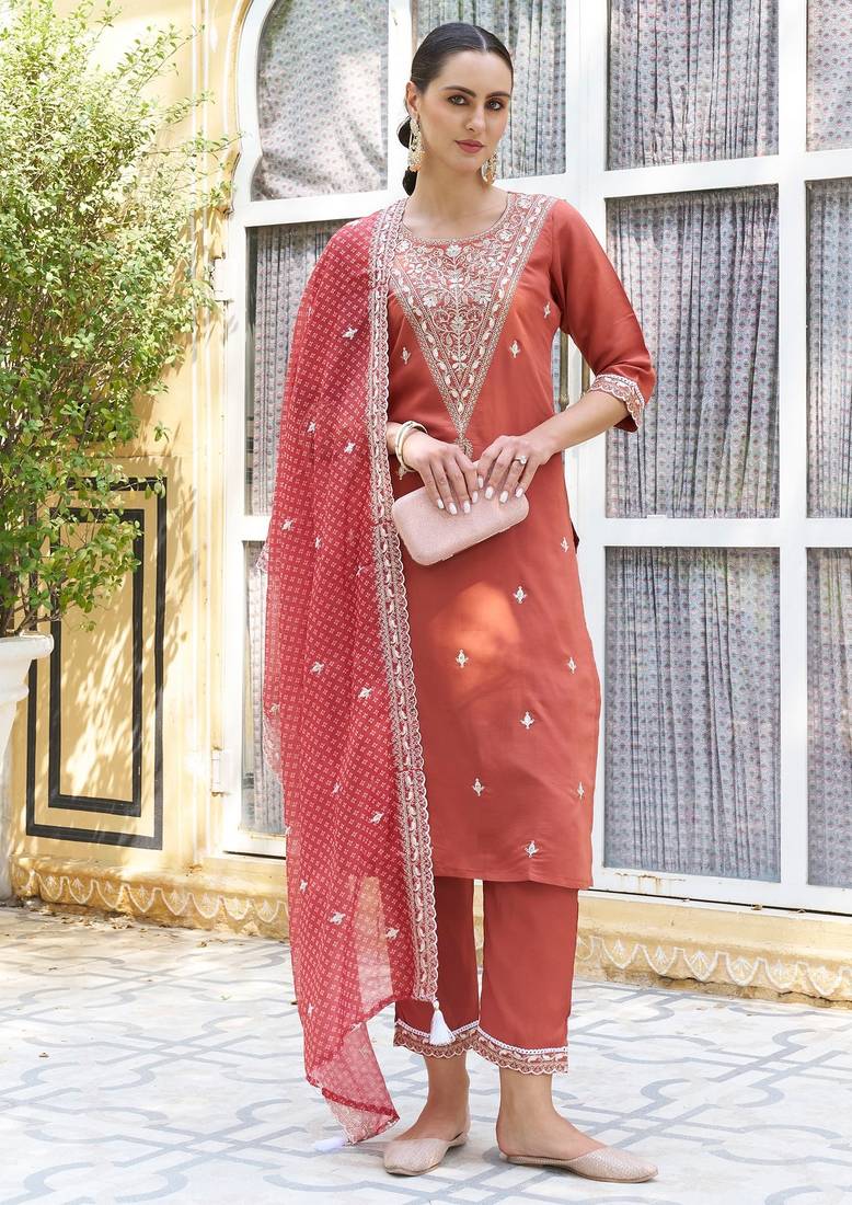 Peach color silk blend fabric beautiful embroidered kurta set with dupatta
