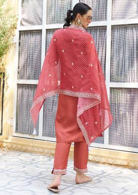 Peach color silk blend beautiful embroidered kurta set with dupatta 2