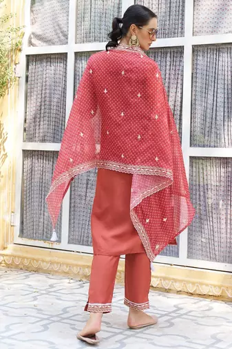 Peach color silk blend beautiful embroidered kurta set with dupatta
