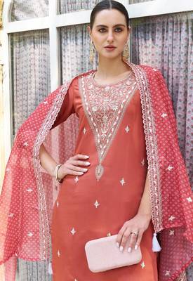 Peach color silk blend beautiful embroidered kurta set with dupatta 3