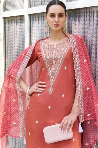 Peach color silk blend beautiful embroidered kurta set with dupatta