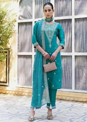 Firozi color silk blend beautiful embroidered kurta set with dupatta 1