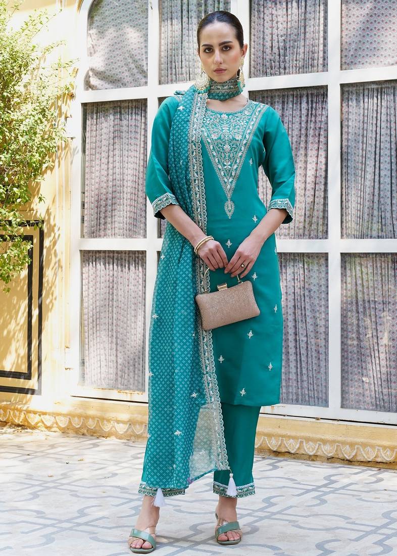 Firozi color silk blend fabric beautiful embroidered kurta set with dupatta