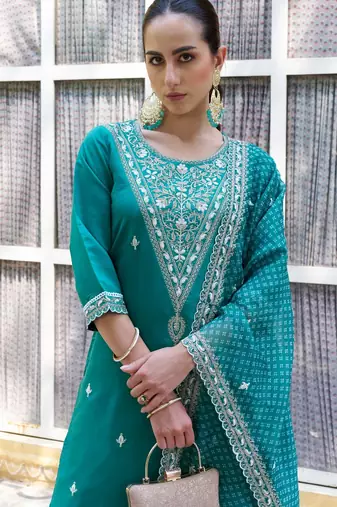 Firozi color silk blend beautiful embroidered kurta set with dupatta