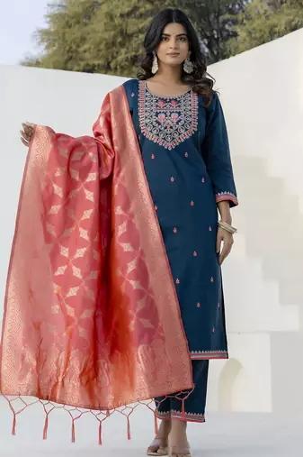 Teal color silk blend fabric beautiful embroidered kurta set with dupatta