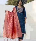 Teal color silk blend fabric beautiful embroidered kurta set with dupatta