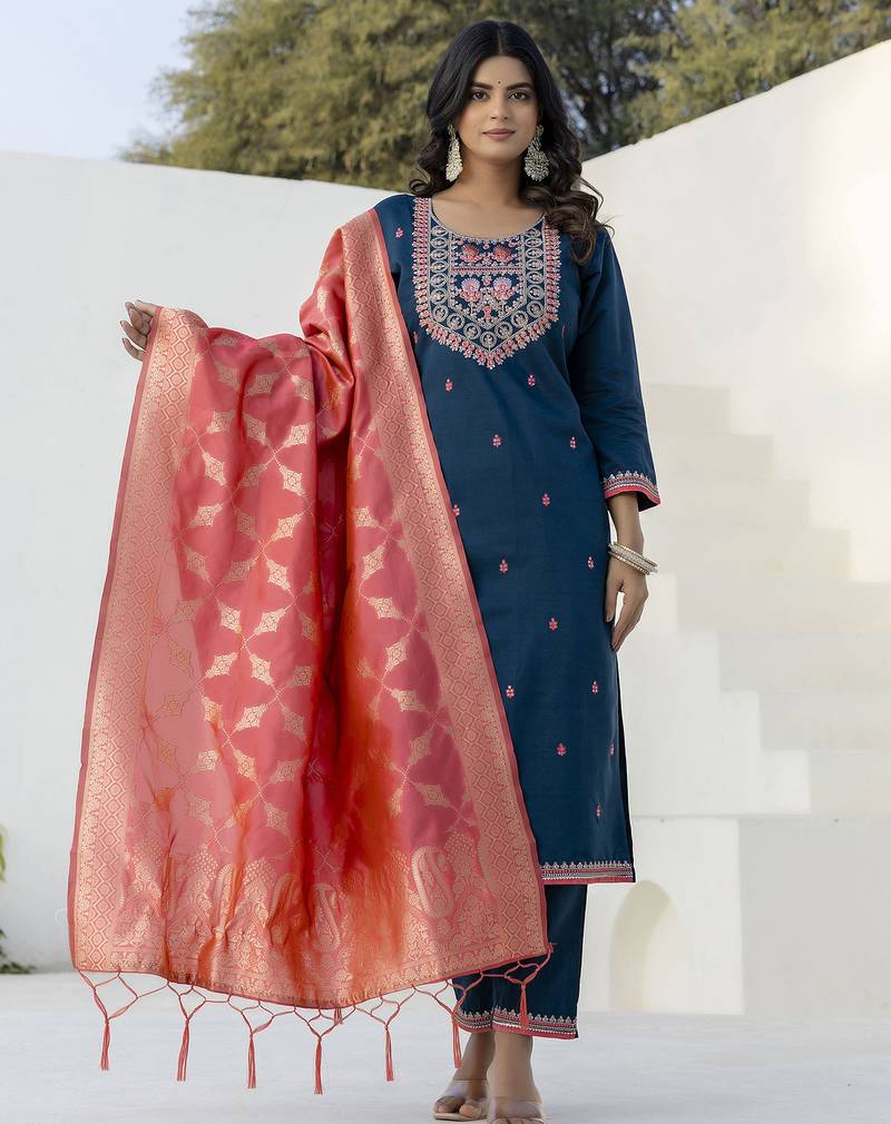 Teal color silk blend fabric beautiful embroidered kurta set with dupatta