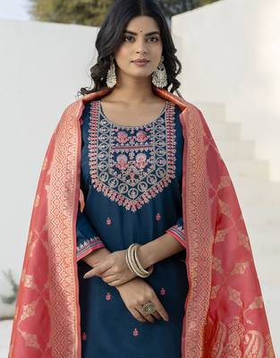 Teal color silk blend beautiful embroidered kurta set with dupatta 3