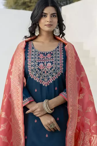 Teal color silk blend beautiful embroidered kurta set with dupatta