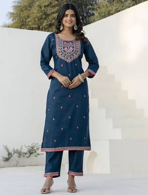 Teal color silk blend beautiful embroidered kurta set with dupatta 4