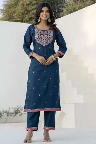 Teal color silk blend beautiful embroidered kurta set with dupatta