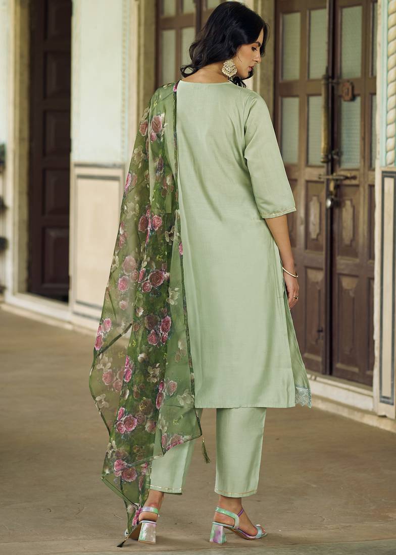 Pista color viscose rayon fabric beautiful embroidered kurta set with dupatta