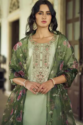 Pista color viscose rayon beautiful embroidered kurta set with dupatta
