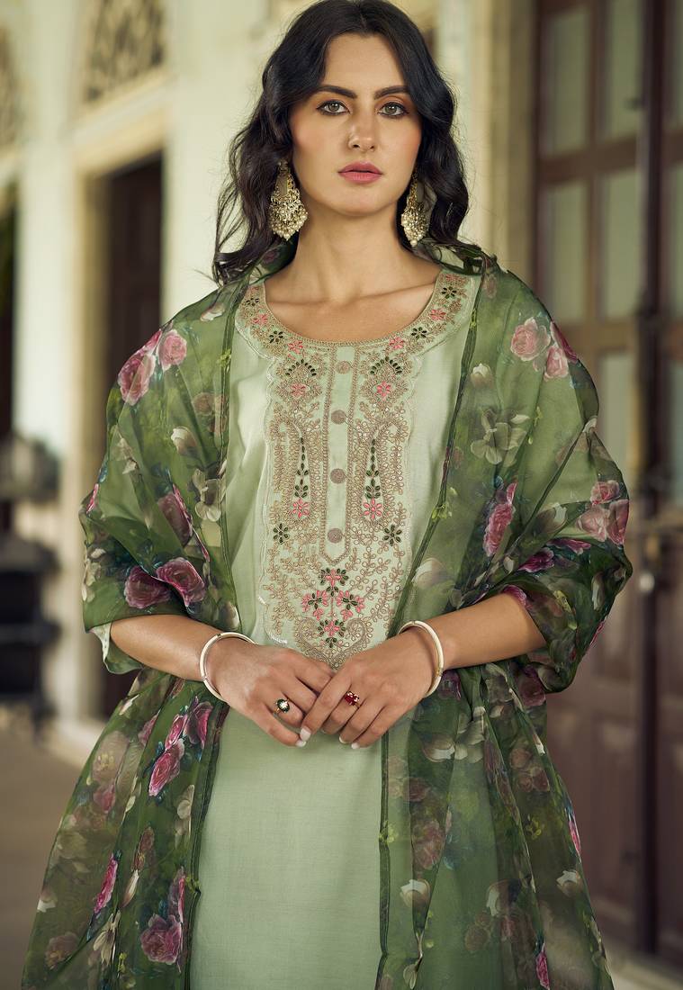 Pista color viscose rayon fabric beautiful embroidered kurta set with dupatta