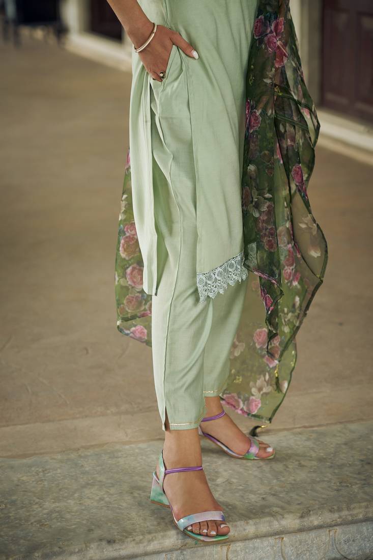 Pista color viscose rayon fabric beautiful embroidered kurta set with dupatta