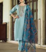 Sky blue color viscose rayon fabric beautiful embroidered kurta set with dupatta