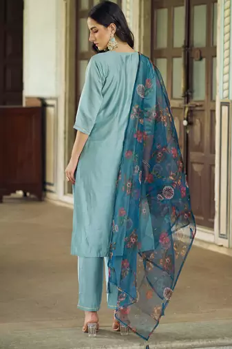 Sky blue color viscose rayon beautiful embroidered kurta set with dupatta