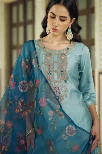 Sky blue color viscose rayon beautiful embroidered kurta set with dupatta
