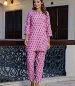 Pink color smart cotton blend fabric designer printed smart co-ord set