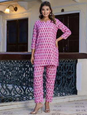Pink color smart cotton blend printed smart co-ord set 4