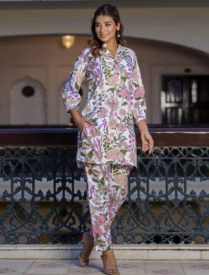 Off white color smart cotton blend printed smart co-ord set 1
